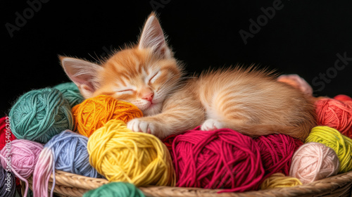 Wallpaper Mural Sleeping kitten nestled in colorful yarn balls, exuding warmth and tranquility Torontodigital.ca