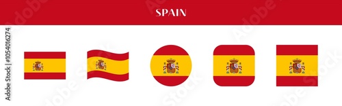 Set of Spain national flag icons in various styles on transparent background