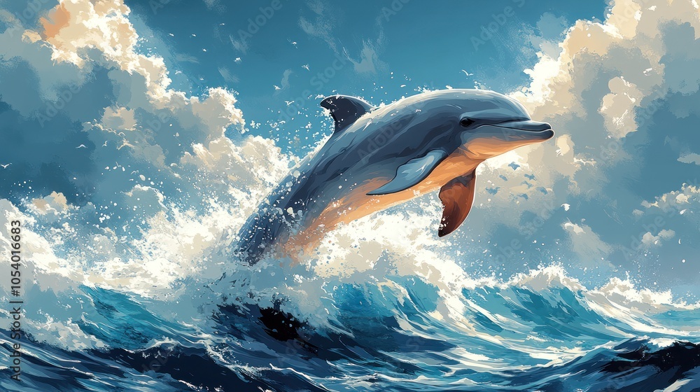 Obraz premium Dolphin Leaping from Ocean Waves with Blue Sky and Clouds
