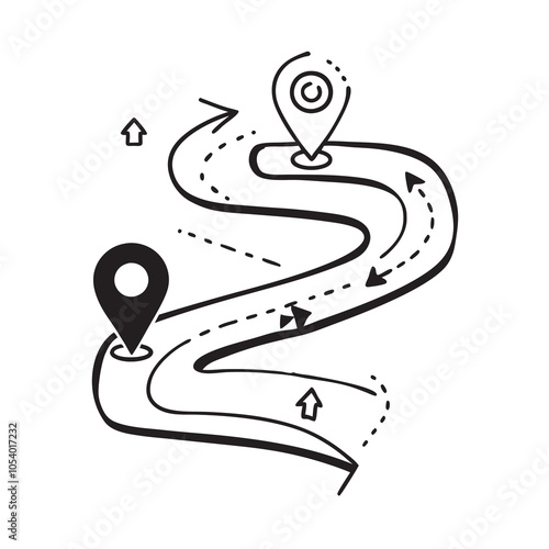 A winding path is illustrated with location markers, suggesting navigation or a journey photo