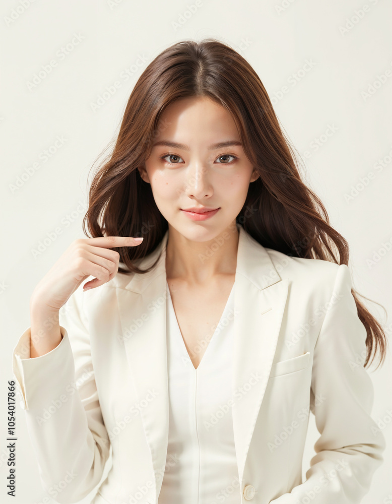 A woman in a white jacket and a white blouse is smiling