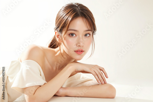 A woman with long brown hair and a white shirt is laying on a table