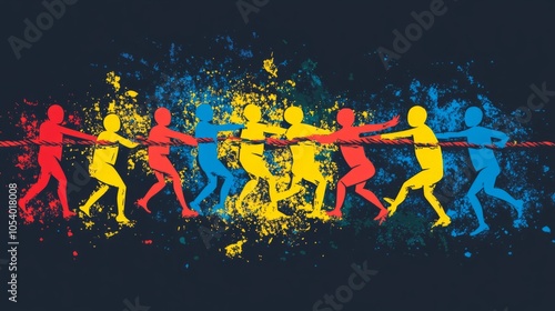 Team cooperation and unity between business people, through the tug of war to...