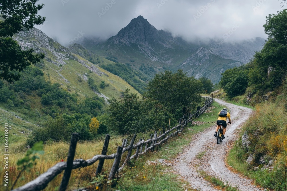 Fototapeta premium Cyclist riding mountain bike on gravel road in italian alps
