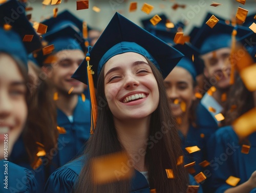 Woman in a blue cap and gown is smiling and surrounded by confetti. Concept of celebration and accomplishment, as the woman is likely a graduate. The confetti adds a festive touch to the scene