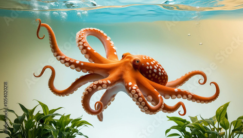 A large orange octopus with white spots is swimming in a tank