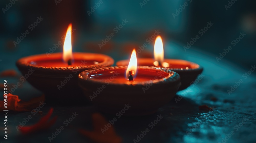 Three candles are lit in small red bowls on a table. The candles are evenly spaced and the bowls are arranged in a row. The candles are the main focus of the image Three candles are lit in small red bowls on a table. The candles are evenly spaced and the bowls are arranged in a row. The candles are the main focus of the image