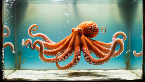 A large orange octopus with white spots is swimming in a tank