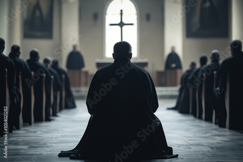 Clergy Conference: Orthodox Representatives in Black Robes. Christian Priests Meeting in Church Hall. photo