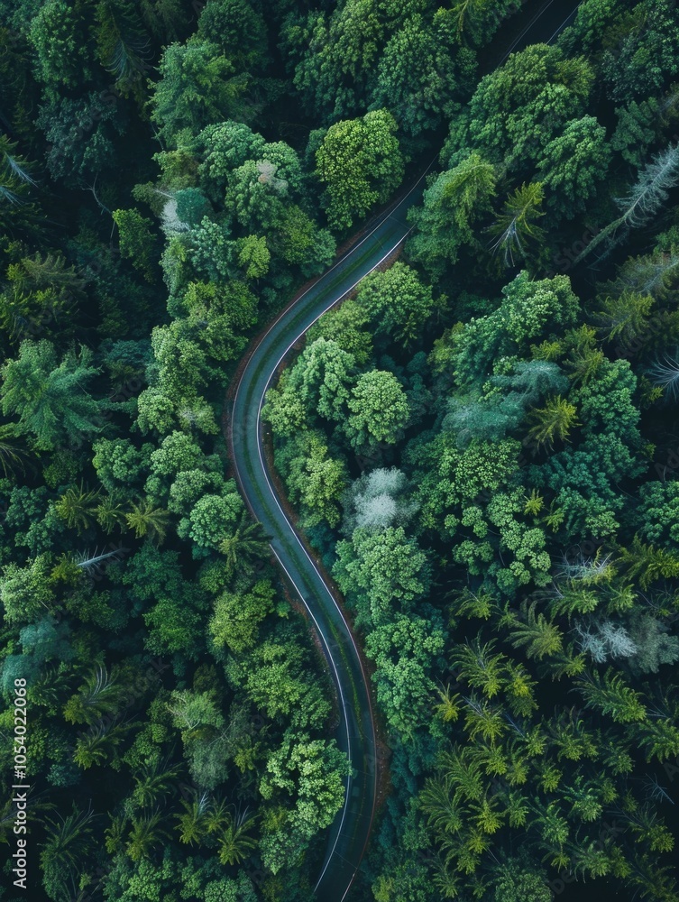 Winding road through a forest with trees on both sides. The road is surrounded by a lush green forest, and the trees are tall and dense. Concept of serenity and tranquility Winding road through a forest with trees on both sides. The road is surrounded by a lush green forest, and the trees are tall and dense. Concept of serenity and tranquility