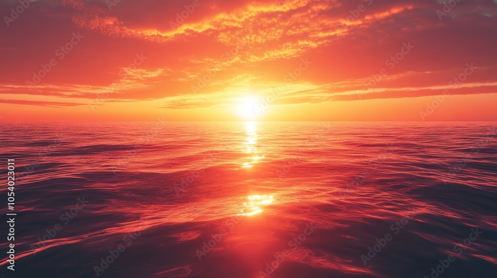 Obraz premium A beautiful sunset over the ocean with a large sun in the sky