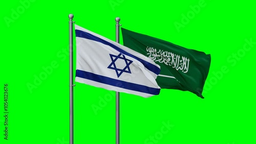 Saudi Arabia and Israel flags flying together, video concept of the relationship with colored chroma key for easy background remove