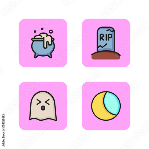 Halloween night line icon set. Preparing magic potion, RIP inscription on tombstone, sneezing ghost, eclipse. Halloween concept. Vector illustration can be used for party, horror film, celebration