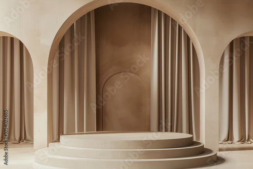 minimalistic stage with three arches made from wood, a light beige background, empty space in the middle, brown curtains on both sides, modern interior design, a product presentation scene photo