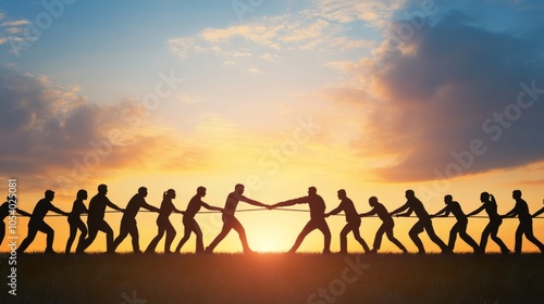 Team cooperation and unity between business people, through the tug of war to...