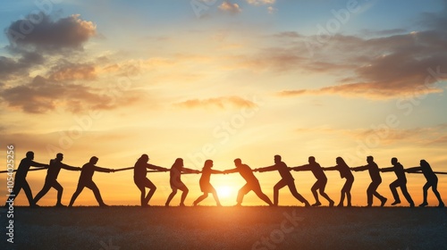 Team cooperation and unity between business people, through the tug of war to...