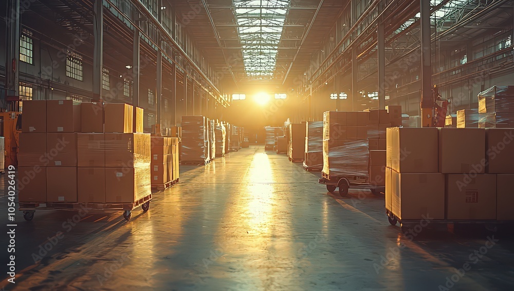 A background image of a warehouse with boxes on a hand truck, bright light, blurred workers in the distance A background image of a warehouse with boxes on a hand truck, bright light, blurred workers in the distance