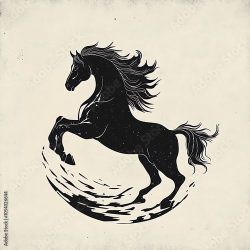 Black horse silhouette leaping with textured background.