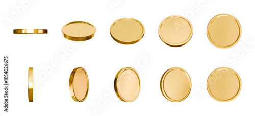 3d realistic golden coins in different views rotating vertically and horizontally. Shiny blank gold coins vector isolated set