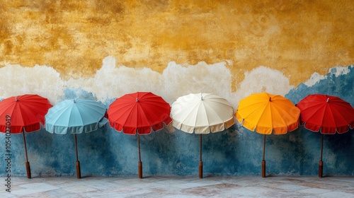 Colorful Umbrellas Against a Weathered Yellow and Blue Wall photo