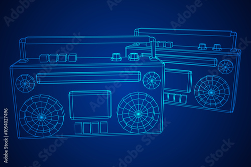 Retro Boombox outdated portable cassette tape recorder. Wireframe low poly mesh vector illustration.