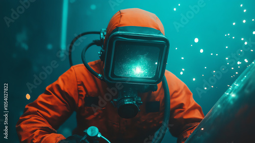 A commercial diver in an orange suit conducts underwater welding. Bubbles surround as sparks fly, showcasing the high-tech maritime industry work.