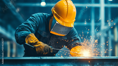 A skilled welder in protective gear works diligently on metal, focusing on precision as bright sparks fly. Industrial setting in the background. photo