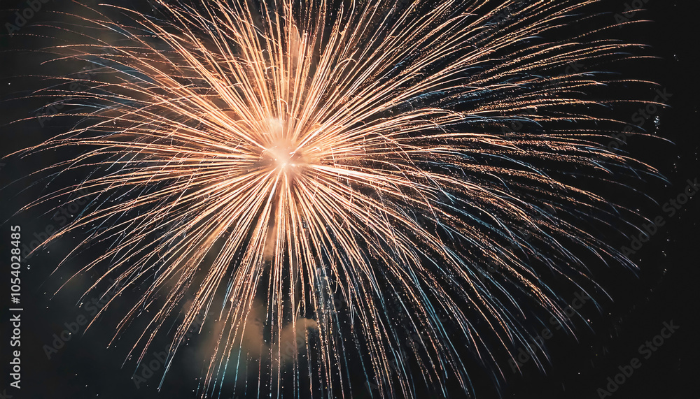 Obraz premium Closeup of Golden Fireworks Display Illuminating the Night Sky in Celebration, with Burst of Bright Lights and Sparkling Trails against Dark Backdrop - Bonfire night, new Year Celebrations