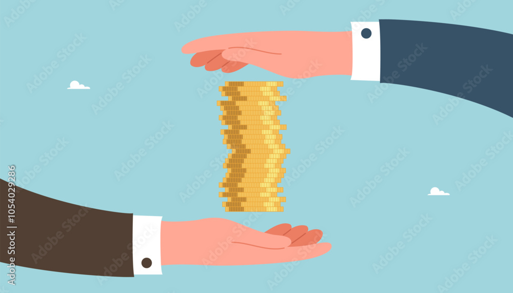 Fototapeta premium Teamwork for income and salary growth, cooperation for financial and economic stability, increasing investments or savings, increasing currency value, large hands protect the stack of coins.