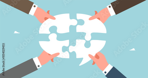 Leadership skills in expressing own opinion or ideas about working together for improvement, сommunication skills and business communication to achieve results, team puts together thought like puzzle.
