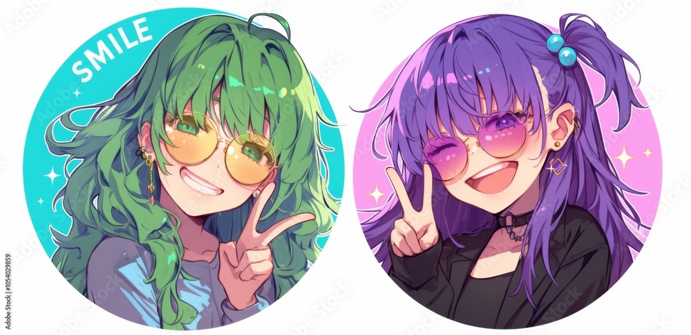 Set of Two Round Cartoon Stickers Featuring Set of Two Round Cartoon Stickers Featuring