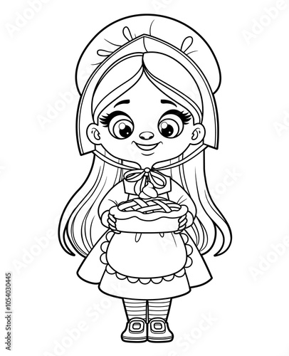 Cute cartoon pilgrim girl hold a pumpkin pie in hands outlined coloring page on a white background
