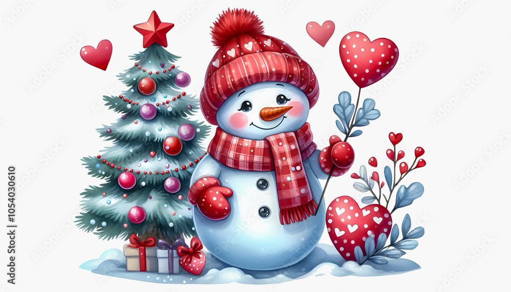 Fototapeta premium Watercolor Clipart of a Cute cartoon snowman in a red hat and scarf holding hearts, isolated on a white background