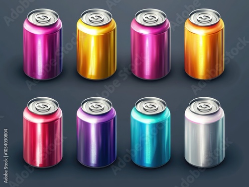 Set of colorful cans of soda. The cans are in a row and are of different colors