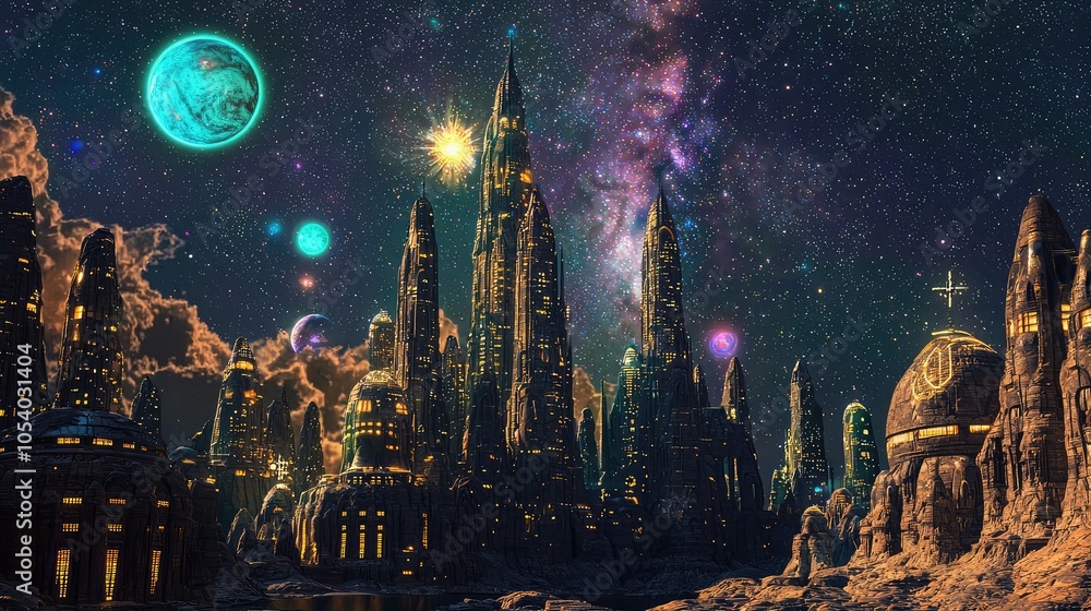 Obraz premium Serene Alien Cityscape with Towering Structures