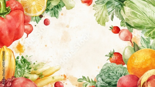 Watercolor painting of a variety of fruits and vegetables, including oranges, strawberries, and broccoli