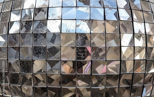 Closeup of dirty grungy texture, nostalgic silver mirror disco ball from 2000s, y2k party nostalgia for millennium era. Metallic shiny gleaming reflective elegant timeless retro-futurism photo