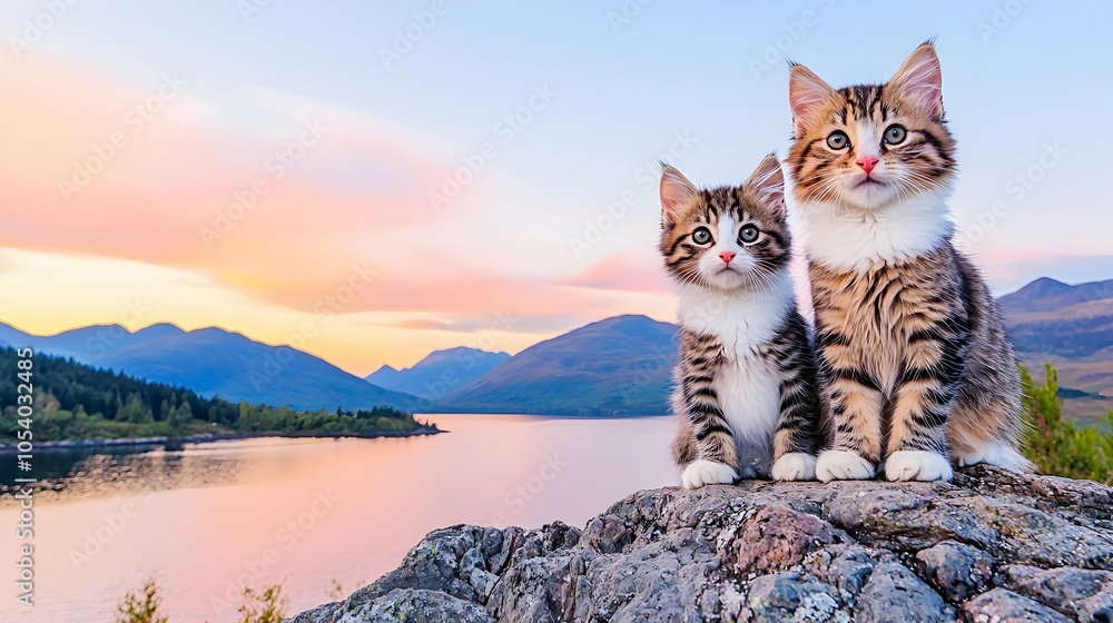Fototapeta premium Curious Kittens Perched on Scenic Cliff Overlooking Majestic Mountain Lake at Sunrise