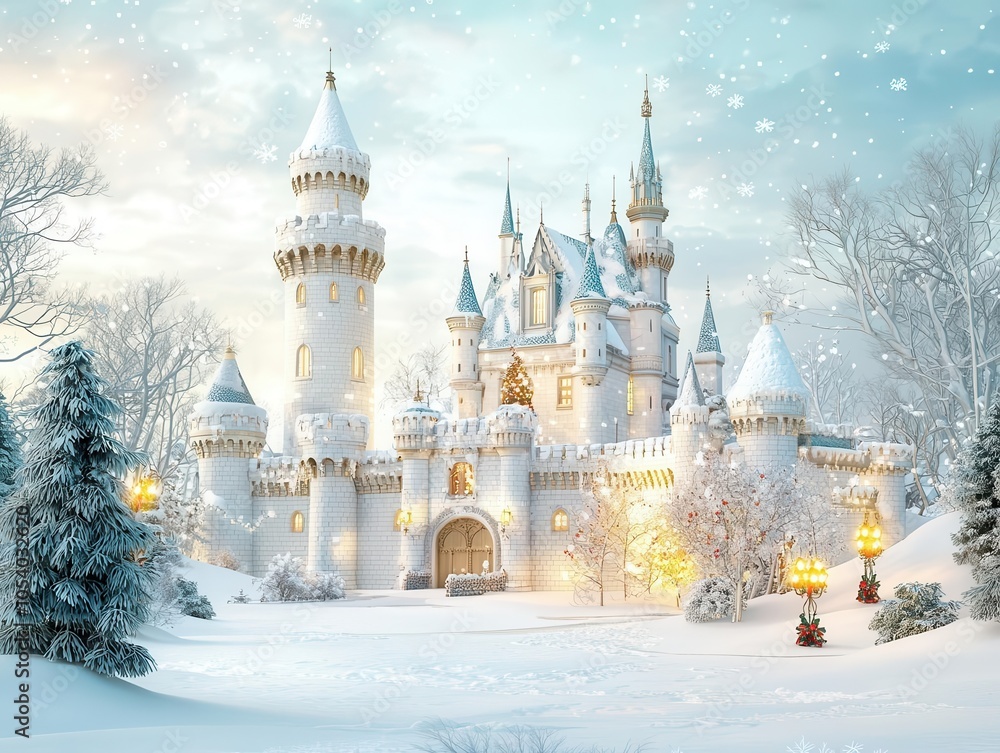 Fairy tale Christmas castle covered in snow, magical lights illuminating the scene, 3D illustration Fairy tale Christmas castle covered in snow, magical lights illuminating the scene, 3D illustration