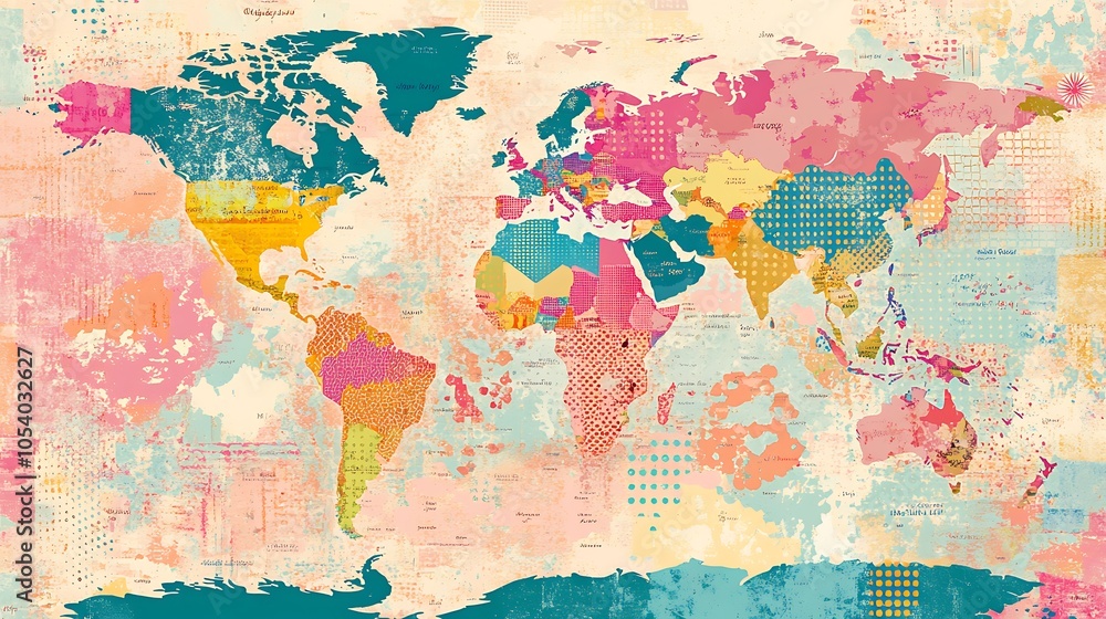 Obraz premium Colorful abstract world map with geometric patterns.