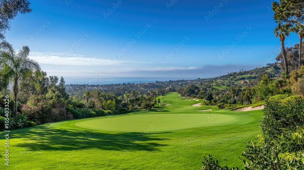 Obraz premium Scenic View of Lush Golf Course and Surrounding Landscape