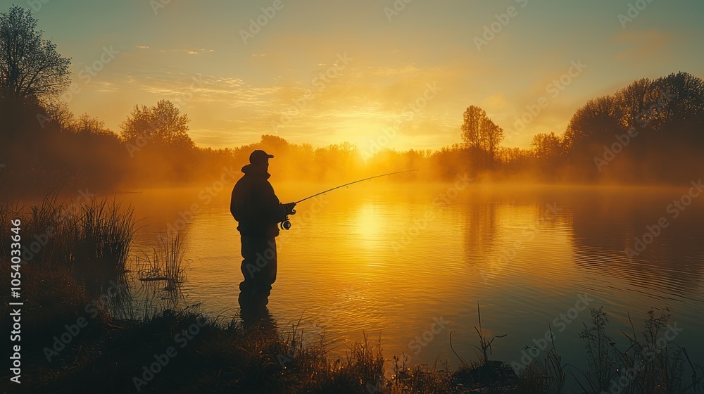 Silhouetted Fisherman Casting a Line at Sunrise Over a Misty Lake Silhouetted Fisherman Casting a Line at Sunrise Over a Misty Lake