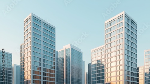 High-rise corporate building, glass exterior, city skyline, 3D illustration