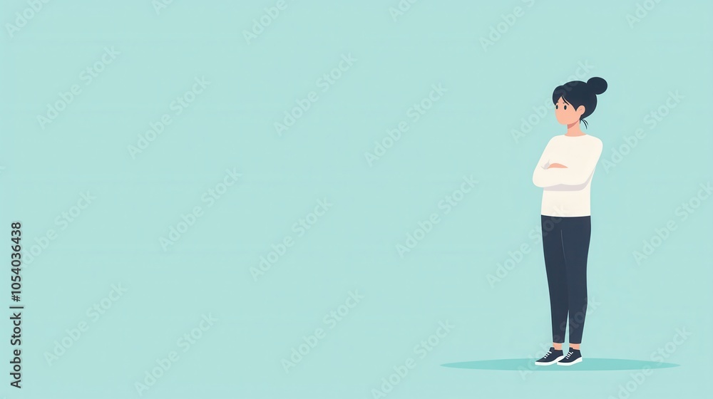 Obraz premium A stylish illustration of a young woman standing with arms crossed, set against a calming light blue background, conveying confidence and contemplation.