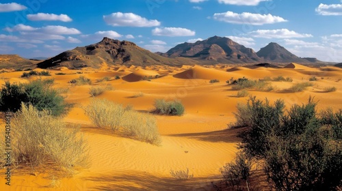 Desert landscape with towering sand dunes. Vast and serene arid environment. photo