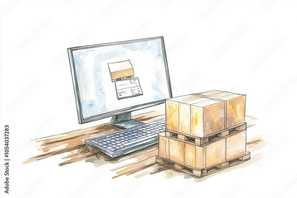 Fototapeta premium A computer showing warehouse management software, digital logistics, wood pencil drawing, isolated on white background
