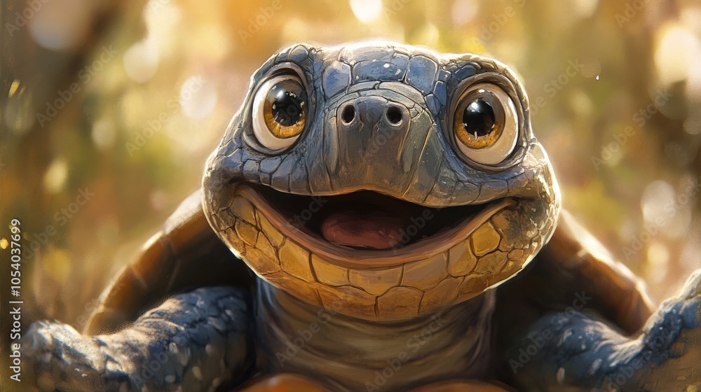 Naklejka premium A cartoon turtle is smiling and looking at the camera. The image has a light and cheerful mood, with the turtle's big eyes and smile conveying a sense of happiness and playfulness