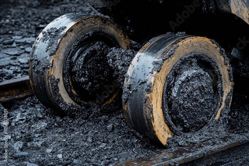 Worn wheels covered in tar on a construction site during early morning hours. Generative AI