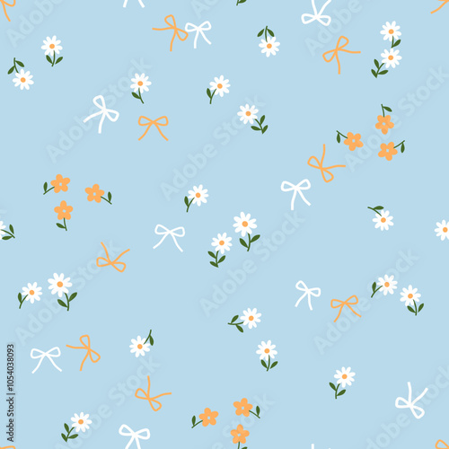 Seamless pattern with cute floral and ribbon bow on blue background vector.