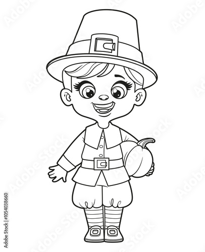 Cute cartoon pilgrim boy hold a pumpkin outlined coloring page on a white background